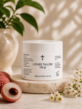 Lychee Tallow 100gr cream jar by Millennium Skin with fresh lychee and white flowers