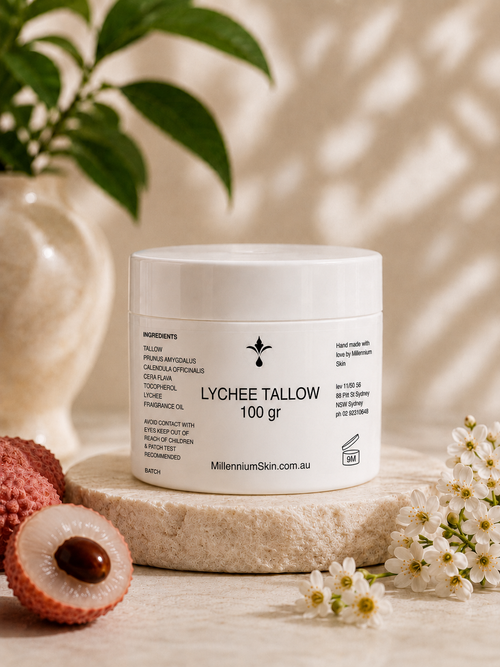 Lychee Tallow 100gr cream jar by Millennium Skin with fresh lychee and white flowers