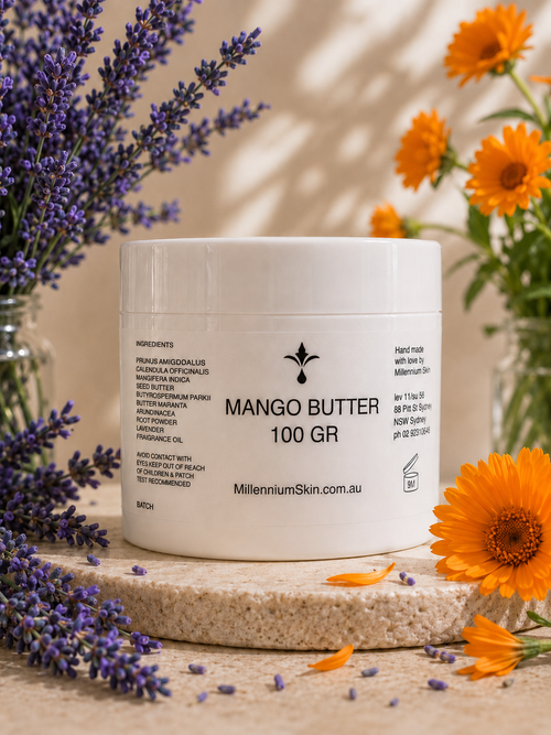 Mango Butter 100gr cream jar by Millennium Skin with lavender and calendula flowers